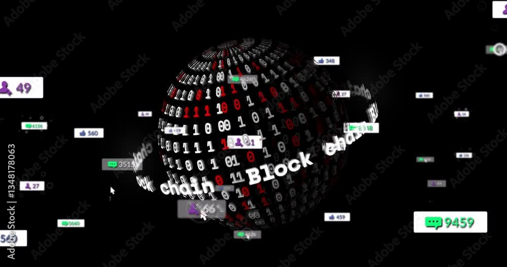 Poster animation of digital globe rotating with blockchain text and binary code in school