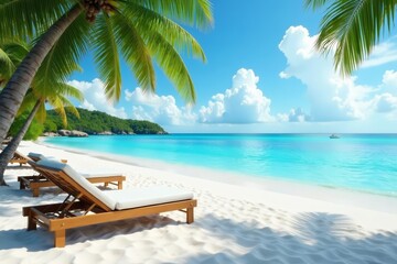 Sun loungers on a tropical beach with white sand and crystal clear water, palm trees, sunbathing