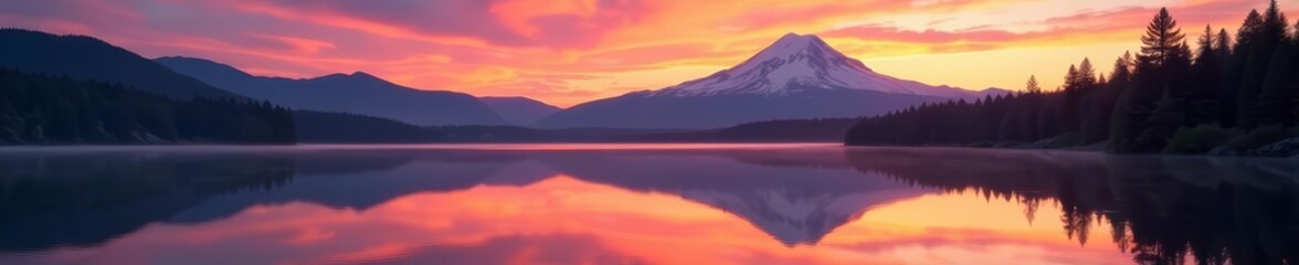 Fototapeta premium Sunrise over tranquil reflection lake with Mount Rainier in background, scenic, mountain