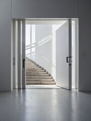 Modern opened doorway on a white background, featuring minimalist architecture and clean lines