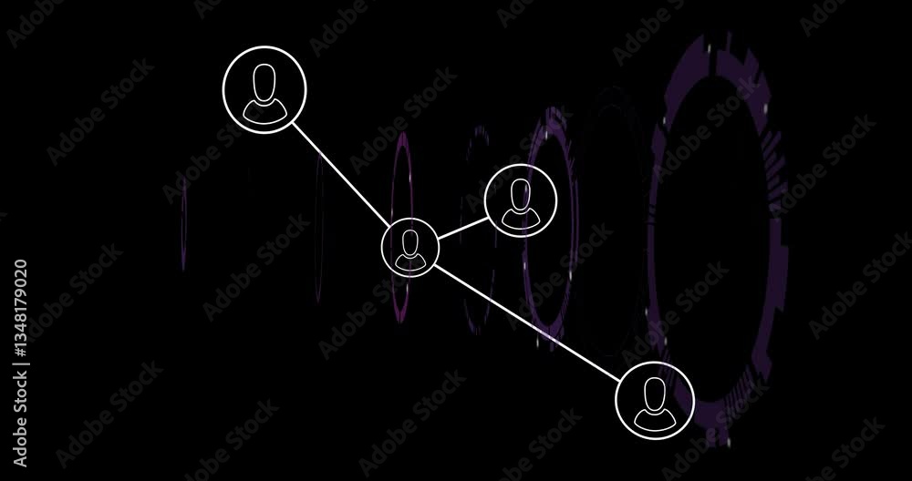 Poster connected user icons and circular patterns creating animation on dark background