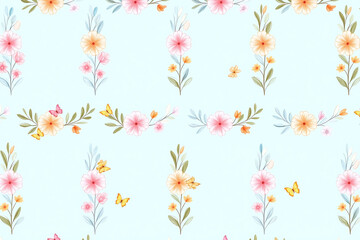 bunch of paper flowers and butterflies on a blue background