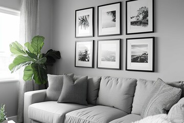 Modern living room with couch framed pictures and a plant