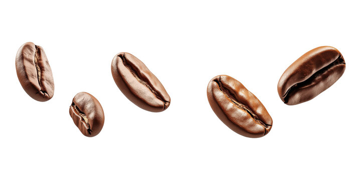 Flying coffee beans isolated on a transparent background