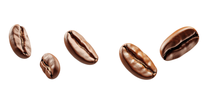 Flying coffee beans isolated on a transparent background