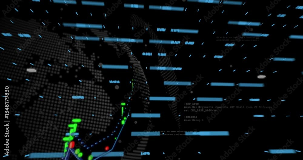 Poster creating animation, digital data visualization with graphs and code in background