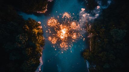 Obraz premium aerial view of fireworks exploding over a tranquil river at night