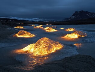 Glowing Ice Rocks at Dusk, Iceland
