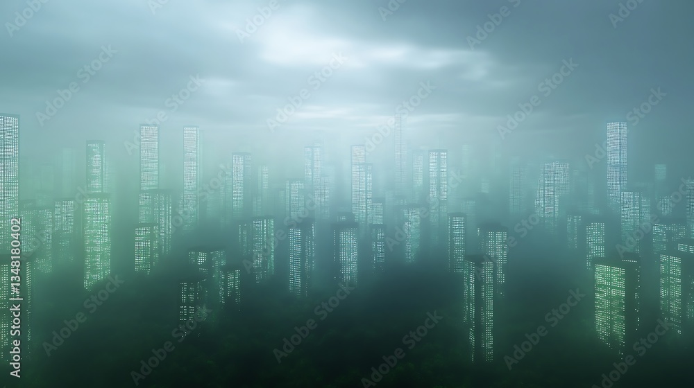 Poster Misty cityscape with towering buildings reflected in water, creating an ethereal atmosphere.