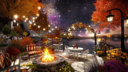 A cozy patio with a fire pit, surrounded by autumn foliage, overlooking a lake under a starry sky