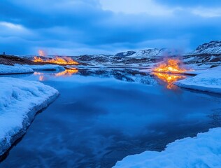Burning Bonfires on Icy Lake at Dusk