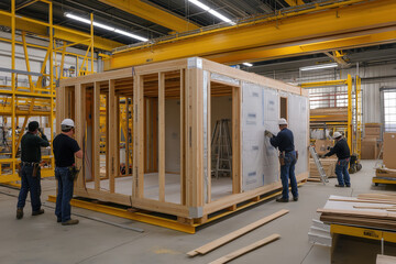 Construction workers assembling modular wooden home in industrial factory with yellow framework