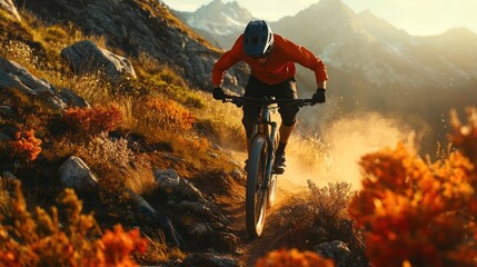 Obraz premium Mountain Biking Adventure: Epic Descent Through Autumnal Landscape