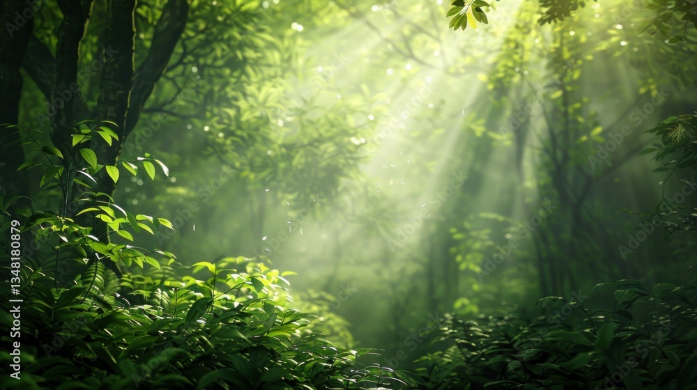 Aufkleber a digitally generated image of a lush green forest with light beams.