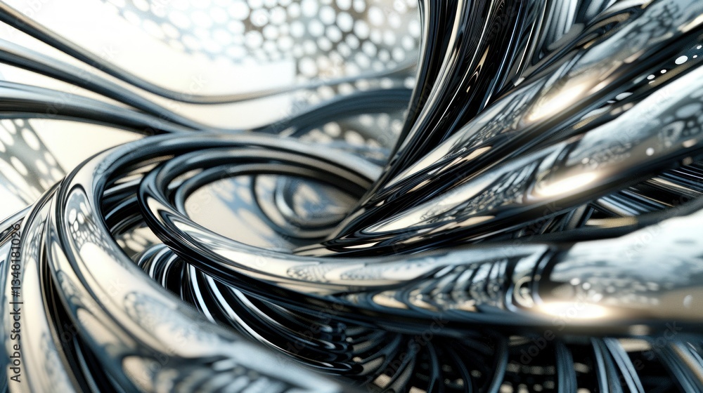 Poster a digitally generated three-dimensional spiral design in motion.
