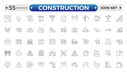 Construction outline icon collection set. Containing building, project, skyscraper, crane, build, equipment, prepared icon. Editable stroke outline icon. 
