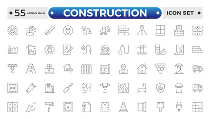 Construction outline icon collection set. Containing building, project, skyscraper, crane, build, equipment, prepared icon. Editable stroke outline icon. 
