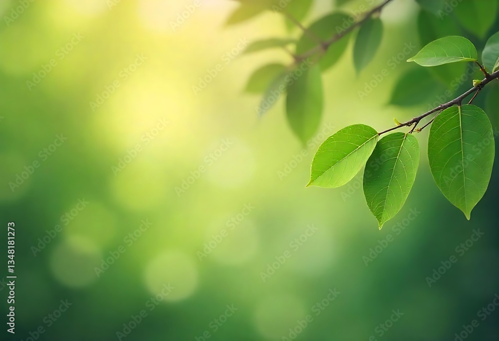 Poster generative ai fresh green leaves on a branch with sunlight bokeh background
