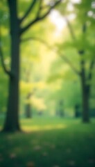 Fototapeta premium Generative AI Blurry Green Park Scene with Sunlight Filtering Through Trees