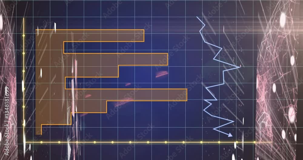 Poster displaying data analysis, animation of bar and line graphs on blue grid background