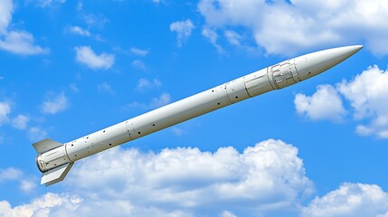 Naklejka premium A white missile ascends through a brilliant blue sky and clouds