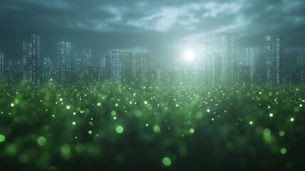 Fototapeta premium Futuristic cityscape with a green, illuminated foreground under a cloudy sky.