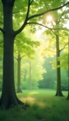 Fototapeta premium Generative AI Captures a Serene Morning Forest with Sunlit Trees and Greenery