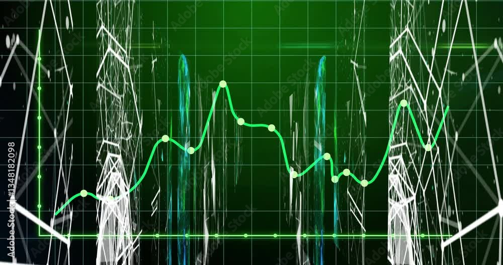 Poster animation of green line graph fluctuating over abstract digital background