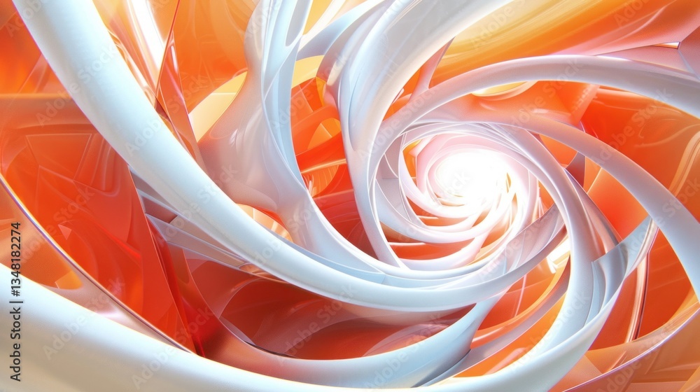 Poster a digitally generated three-dimensional spiral design in motion.