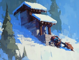 Snowbound Mountaintop Hut and Traveler