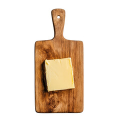 Wooden board with cut block of butter isolated on a transparent background
