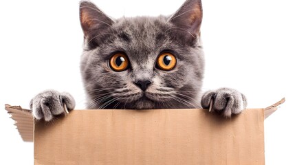Cute British Shorthair Cat Holding Cardboard Sign with Attentive Expression on Isolated White Background