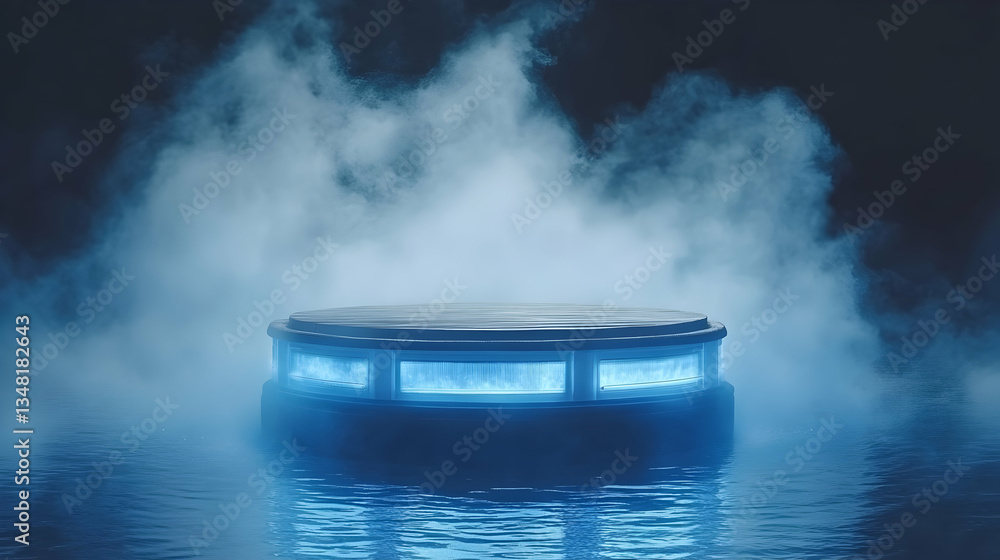 Poster ethereal blue-lit platform floats on misty water, creating a mysterious and atmospheric scene perfec