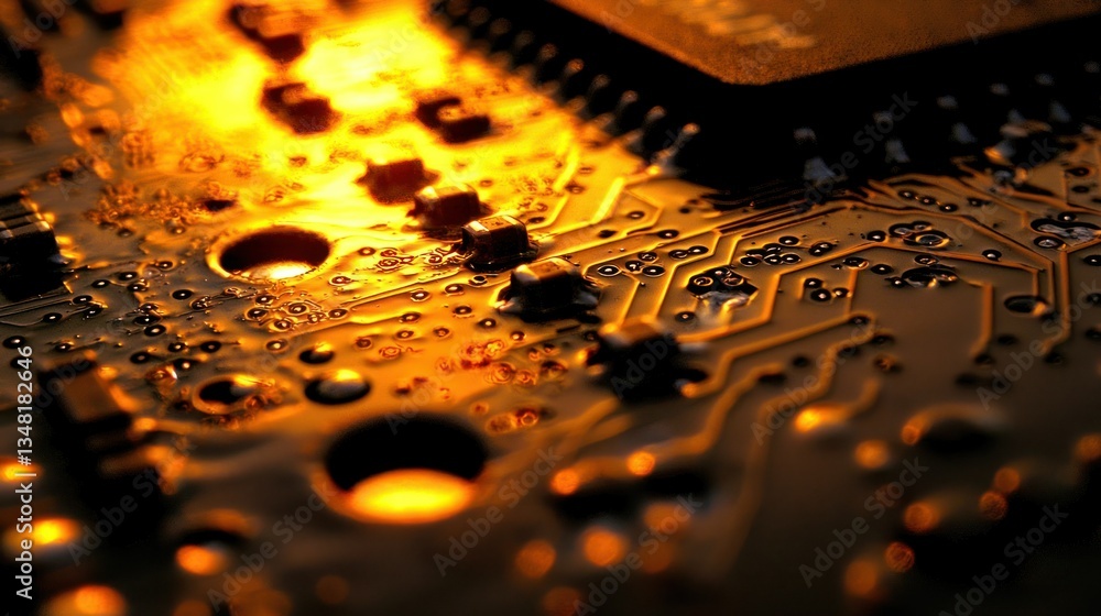 Poster illuminated circuit board with intricate paths, glowing components, and detailed elements