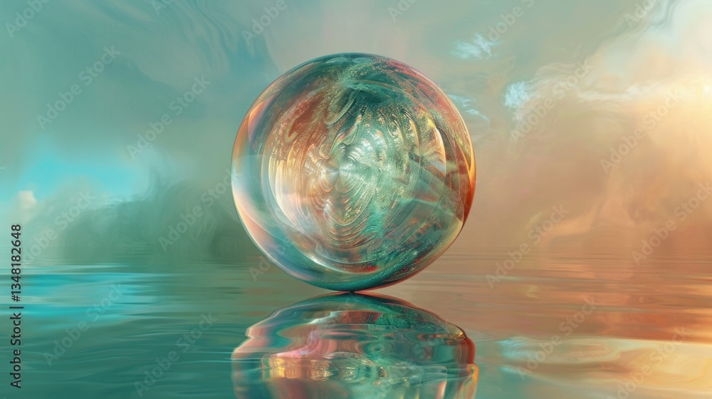 Poster a digitally generated image of a transparent sphere with reflections.