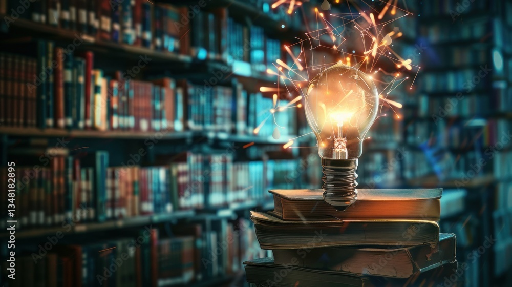 Poster a digitally generated image of books and a glowing lightbulb symbolizing knowledge.