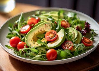 Fresh Mixed Green Salad with Avocado, Tomatoes, and Olive Oil in Natural Light on White Plate