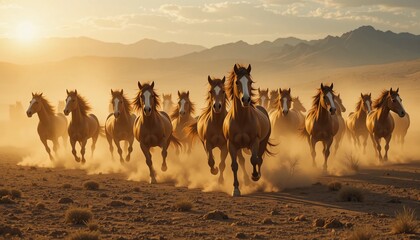 Fototapeta premium Wild Horses Running Freely Across Dusty Plains During Golden Sunset Hour