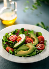 Fresh Mixed Green Salad with Avocado, Tomatoes, and Olive Oil in Natural Light on White Plate