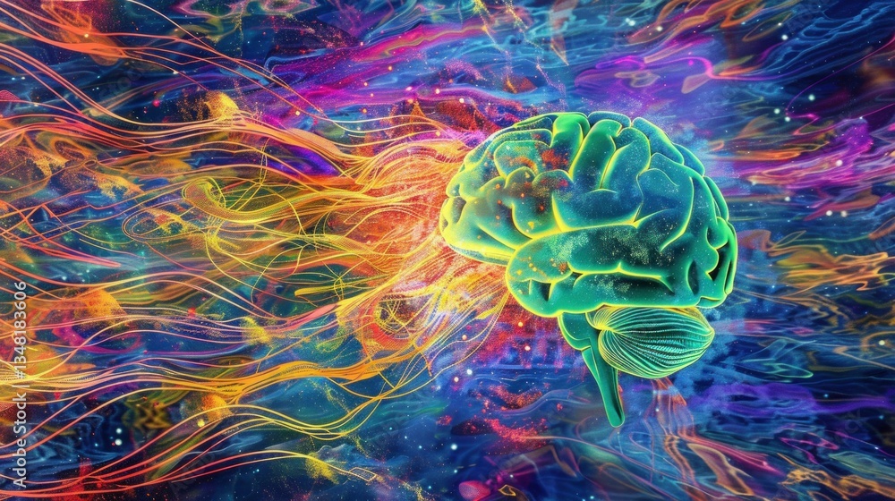 Poster a digitally generated image of a brain surrounded by data streams.