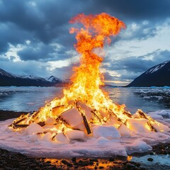 Fiery Bonfire on Icy Shore at Sunset