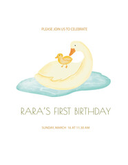 Watercolor illustration of cute duck for birthday card and invitation card, Duck illustration in a children's watercolor style. Duck with Baby Watercolor Clip Art, isolated on white background