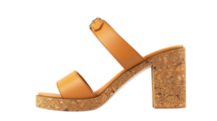 Elegant orange leather cork heeled sandals isolated on transparent background