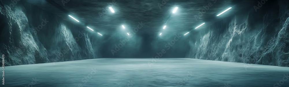 Poster futuristic underground space with illuminated walls, creating a tranquil and spacious atmosphere.