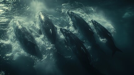 Fototapeta premium Humpback whales swimming in dark ocean waters with splashes around them during twilight hours