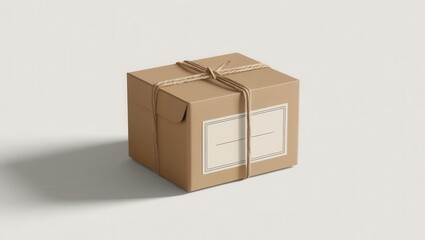Obraz premium Brown cardboard box tied with string, casting a subtle shadow.