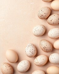 festive holiday backdrop A beautiful arrangement of various eggs on a soft, neutral background, showcasing nature's artistry in food.