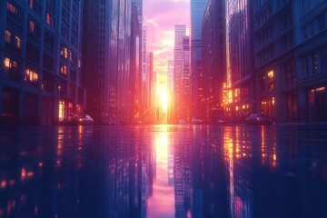 Obraz premium Sunset reflections in a city street with skyscrapers and glowing buildings