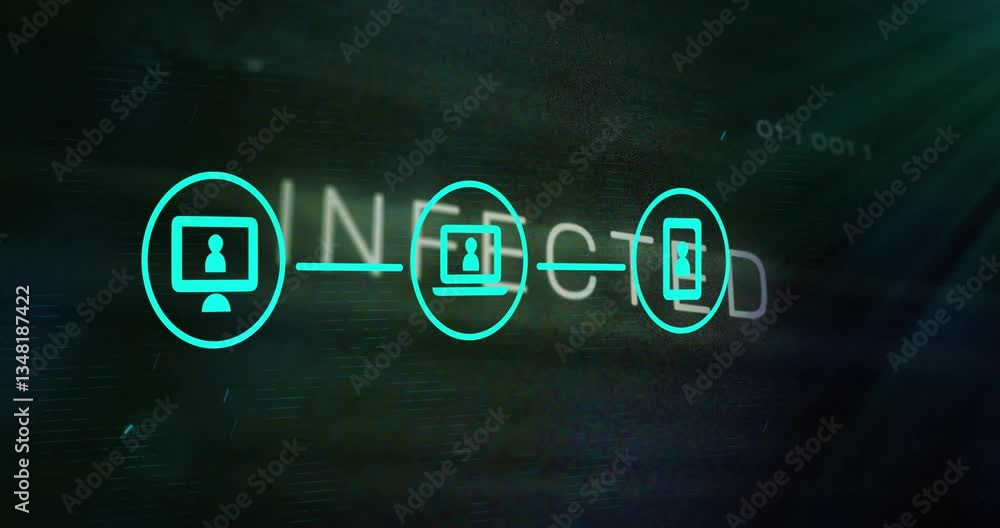 Poster animation showing digital devices connected with glowing lines over binary code