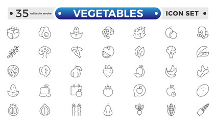 Vegetarian, vegetable, veggies outline icon set. Included the simple vector icons as tomato, cucumber, kohlrabi, cauliflower, pattypan squash, fiddleheads, daikon. Editable stroke outline icon. 
